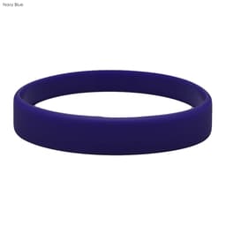 A navy blue silicone wristband with a smooth surface and a circular design. It features a logo.