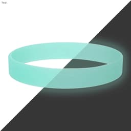 A teal silicone wristband with a smooth surface and a subtle glow effect. It features a logo.