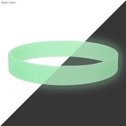 A bright green silicone wristband with a smooth surface, featuring a subtle glow effect. It has a simple design and includes a logo.