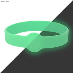 A bright green silicone wristband featuring a circular design, suitable for custom branding.