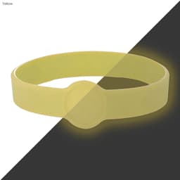 A yellow silicone wristband with a round feature, designed for customisation and showcasing a logo.