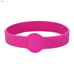 A pink silicone wristband with a central circular section, suitable for custom designs. Features a logo.
