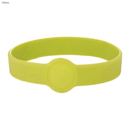 A yellow silicone wristband featuring a round section, designed for custom branding.