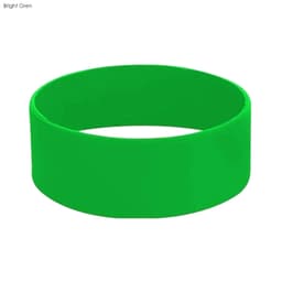 A bright green silicone wristband with a smooth surface and rounded edges, featuring a logo.