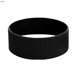 A large black silicone wristband featuring a simple design and a logo.