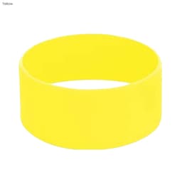A yellow silicone wristband with a smooth surface and a simple design, featuring a logo.