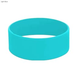 Light blue silicone wristband with a smooth finish and a logo. Designed in a large size for various events.