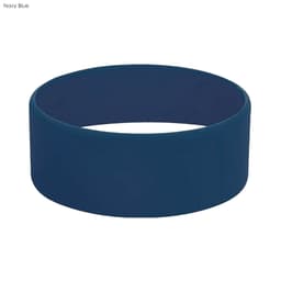 A navy blue silicone wristband with a smooth finish and a circular design. It features a branding logo.