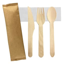 A wooden cutlery set featuring a knife, fork, and spoon, along with a wrapped utensil holder. The colour is a warm wood tone.