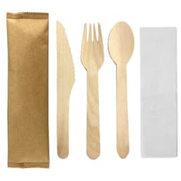 A wooden cutlery set featuring a knife, fork, spoon, and napkin, all in natural wood colour with a packaging sleeve.