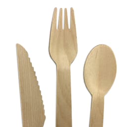 A wooden cutlery set featuring a knife, fork, and spoon, all in a natural wood tone.