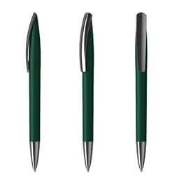 A green plastic pen with a sleek design and chrome accents, featuring a logo.