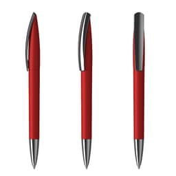 A red plastic pen with a smooth finish and metallic accents, featuring a logo on its side.