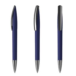 A set of navy blue plastic pens with metallic accents and a sleek design. Each pen is displayed from different angles.