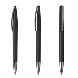 Three black plastic pens with chrome accents, featuring a sleek, modern design. Each pen has a clip and rounded end.