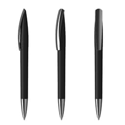 A set of three black plastic pens with shiny silver accents and clips, featuring a sleek design.