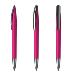 Three views of a pink plastic pen with a shiny silver clip and tip, featuring a sleek design.