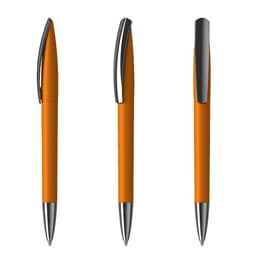 An orange plastic pen with a glossy silver clip and tip, displayed from three angles.