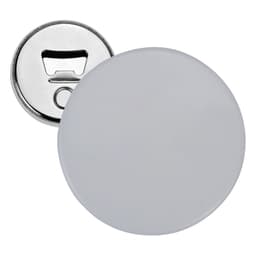 A silver bottle opener with a round white button badge front, featuring a metal backing for attachment.