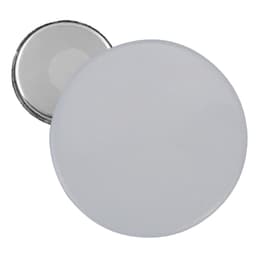 A round button badge with a white front and a metallic backing, featuring a smooth, glossy finish.