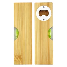 A drink bottle opener made of bamboo featuring a metal opener and spirit levels on either side, with green accents.