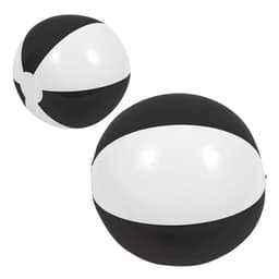 A beach ball in black and white, featuring a smooth surface and round shape, with a logo visible on it.