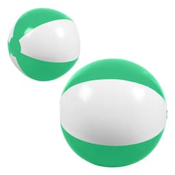 A green and white beach ball, 21cm in size, featuring a glossy finish and a logo. Perfect for fun and games.