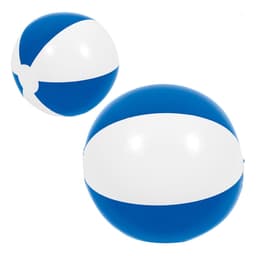 A blue and white beach ball, 34 cm in size, featuring a classic design and a logo on its surface.