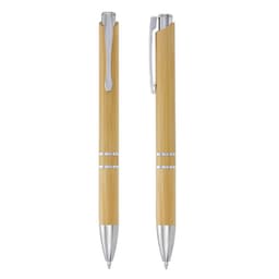 A set of two bamboo pens with silver accents and a sleek design, featuring branding on the barrel.