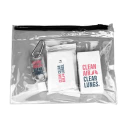 A transparent pouch containing a hand sanitiser, wipes, and a small pouch, featuring various colours and a logo.