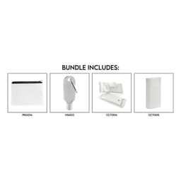 A clear pouch, a grey hand sanitiser, and several white hygiene packets. The bundle is packaged together.