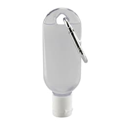 A clear, squeezable bottle with a white twist-off cap and a metal clip attachment.