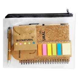 A clear pouch containing a cork notebook, sticky notes in various colours, a pen, and a small organiser.