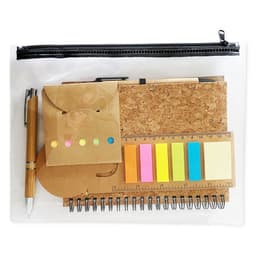 A transparent pouch containing a cork notebook, sticky notes in various colours, a pen, and a small envelope.