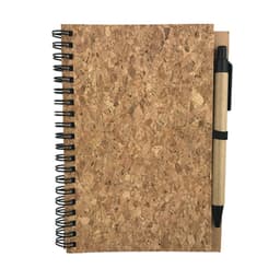 A cork notebook with a black spiral binding and a brown pen attached.