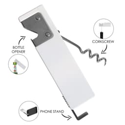 A drink bottle opener in white with a corkscrew and a phone stand feature, also displaying a logo.