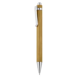 A bamboo pen featuring a sleek design with a silver clip and a chrome tip. Elegant and environmentally friendly.