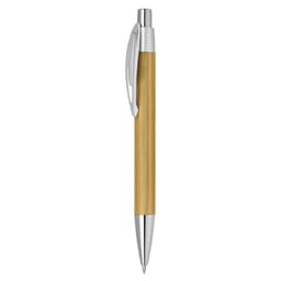A bamboo pen with a silver clip and tip, featuring a smooth wooden shaft.