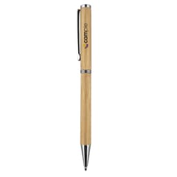 A bamboo pen with a silver clip and accents, featuring a logo on its barrel.
