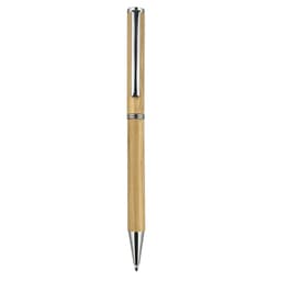 A bamboo pen with metallic accents, featuring a sleek design and a silver clip.
