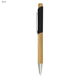 A bamboo pen featuring a black grip and silver clip, showcasing a natural wooden finish.