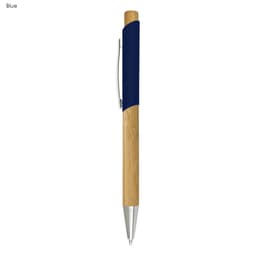 A bamboo pen with a navy blue grip and silver accents. It features a clip and unique wooden finish.