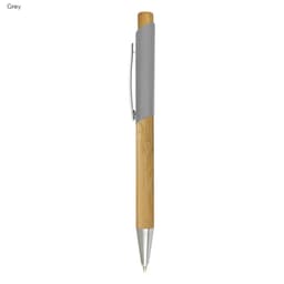 A bamboo pen featuring a grey barrel and silver clip. The pen showcases a natural wooden design.