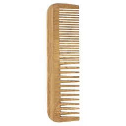 A bamboo comb with fine and wide teeth, featuring a natural light brown colour and a smooth finish.