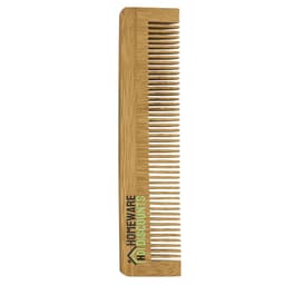 A bamboo comb with a simple design, featuring fine and wide teeth, and a logo on the side.