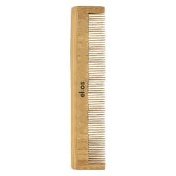 A bamboo comb featuring fine and wide teeth, showcasing a natural wood finish with a logo.