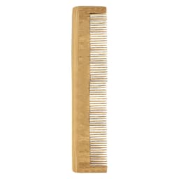 A bamboo comb featuring a sleek, natural finish with fine and wide teeth for versatile grooming.