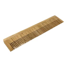 A bamboo comb in a light wood colour with fine and wide teeth, featuring a simple design.
