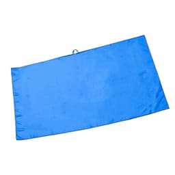 A blue suede fabric beach towel featuring a smooth texture, with a loop for hanging.