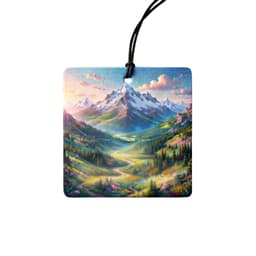 A square car air freshener featuring a scenic mountain landscape with colourful valleys and a clear sky. It has a hanging string.